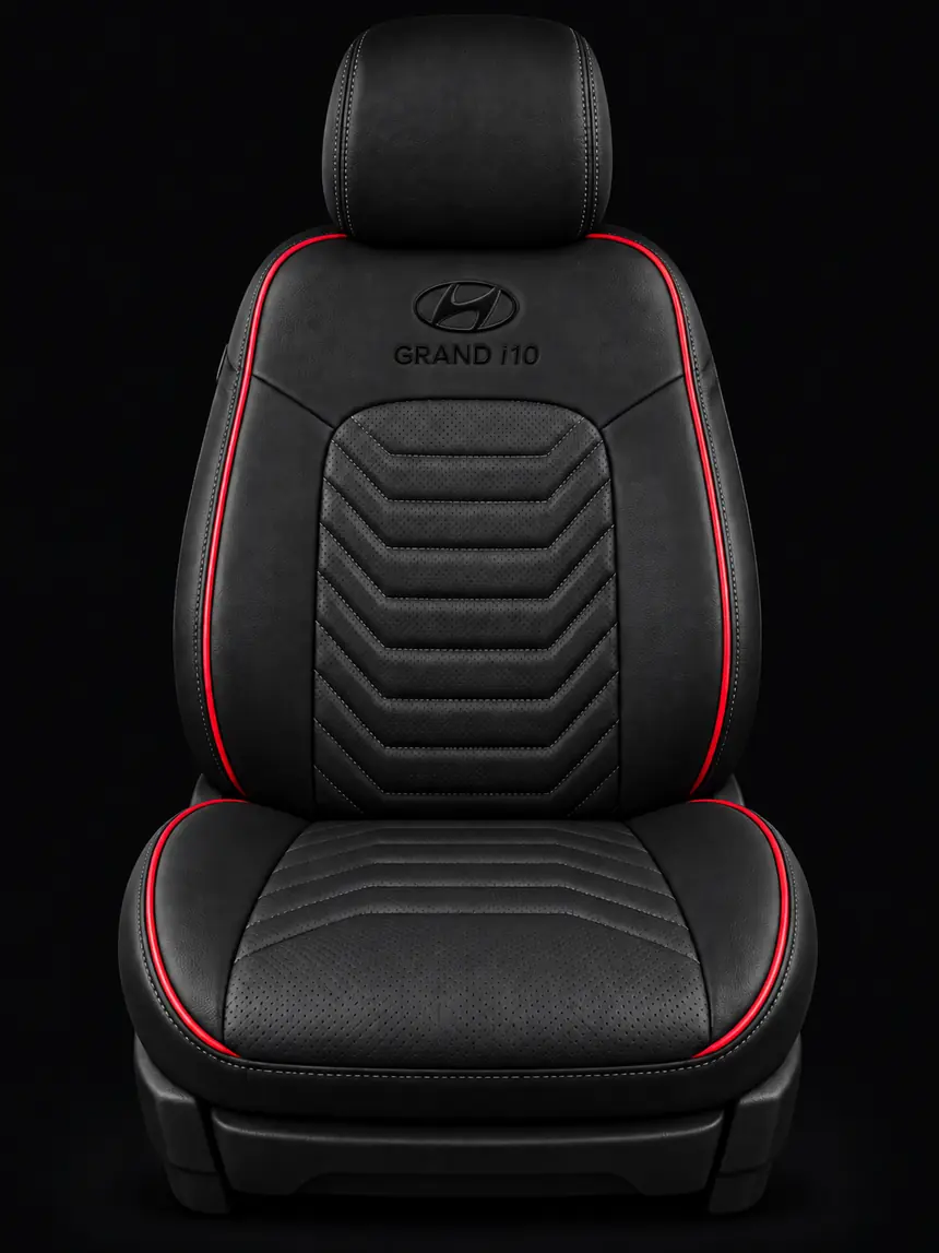 Asiento negro con acolchado en V, vivos rojos y bordado Hyundai Grand i10