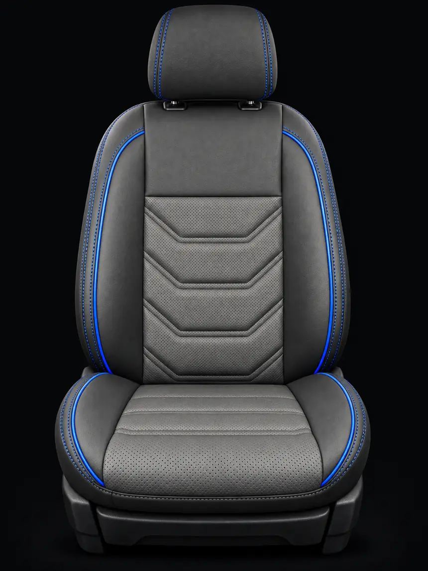 Asiento gris con vivos azules y acolchado en V